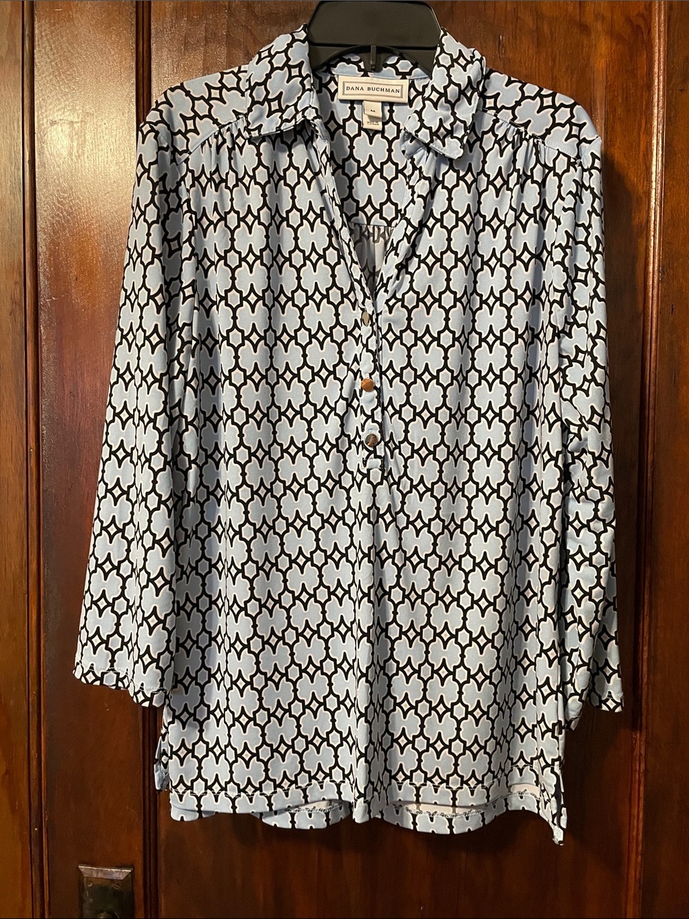 Dana Buchman Light Blue & Black Geometric Button-Front Blouse